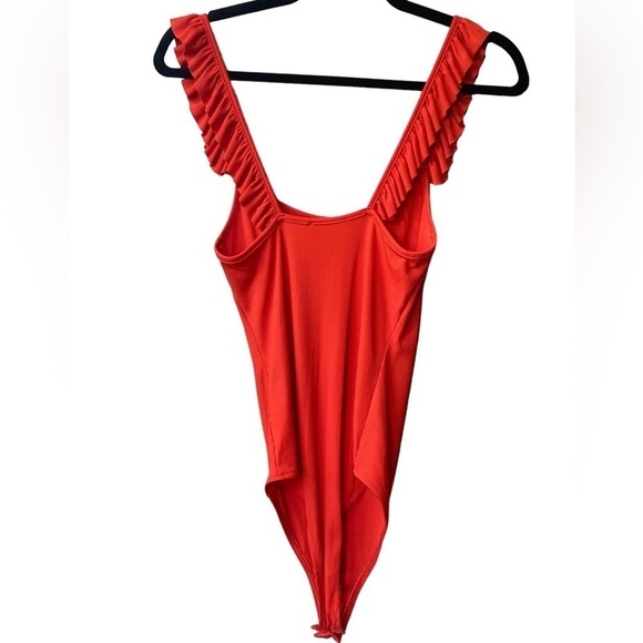 Zara Ribbed Ruffle Orange Sleeveless Bodysuit Small - Picture 6 of 9